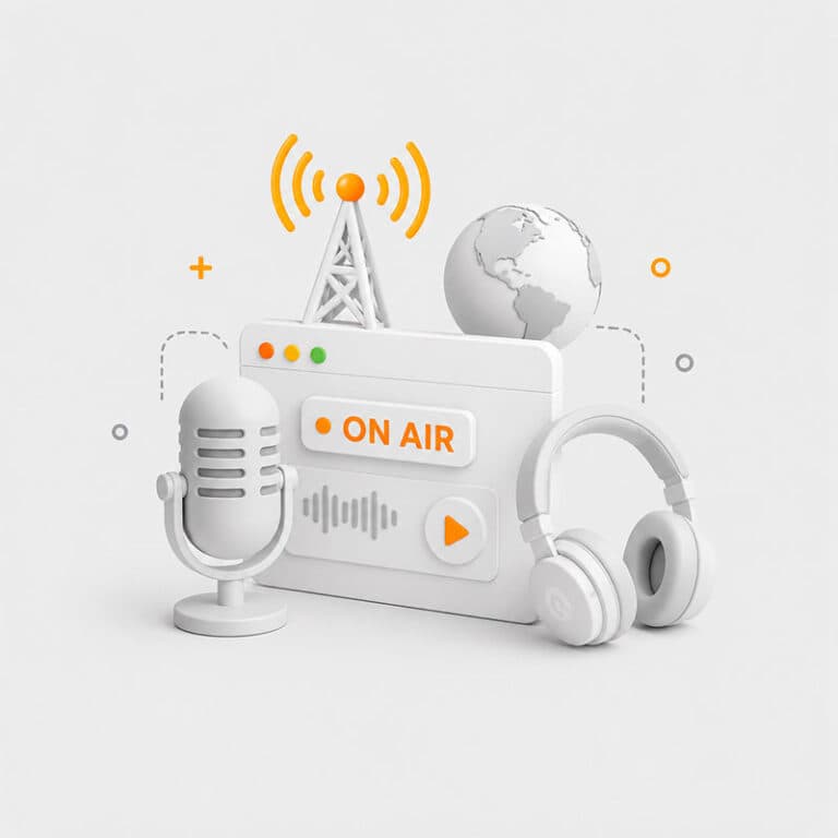 Consola de radio con auriculares, micrófonos y ondas de audio visualizadas en una pantalla.